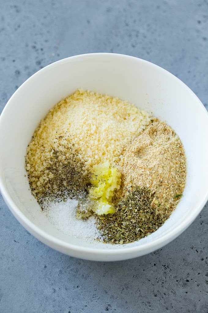 Italian Chicken Recipe | Sheet Pan Chicken | Baked Chicken #chicken #potatoes #dinner #sadud A mixture of breadcrumbs, parmesan cheese, garlic and herbs in a bowl.