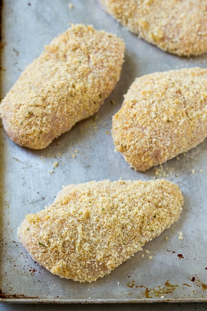 Italian Chicken Recipe | Sheet Pan Chicken | Baked Chicken #chicken #potatoes #dinner #sadud Breaded chicken breasts on a sheet pan.