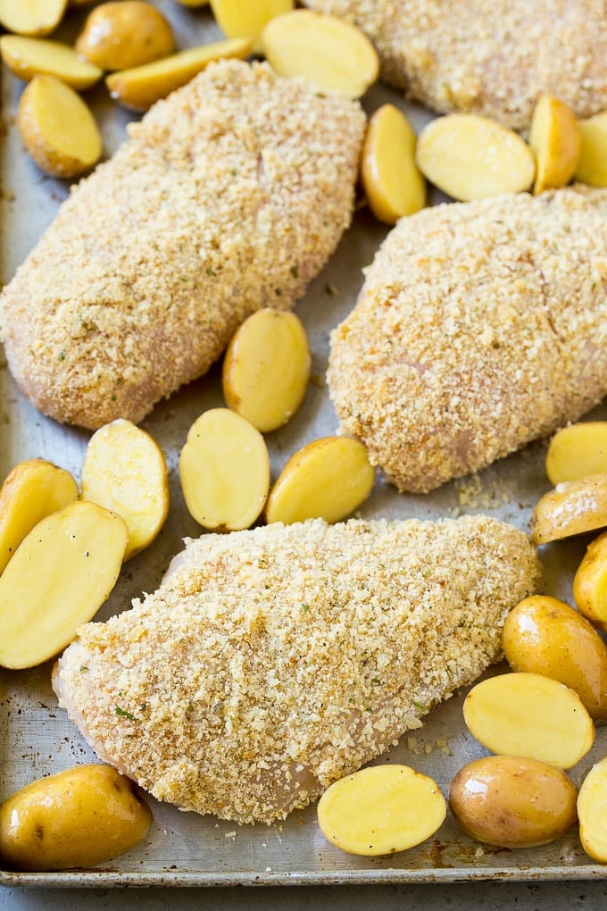 Italian Chicken Recipe | Sheet Pan Chicken | Baked Chicken #chicken #potatoes #dinner #sadud Breaded Italian chicken and potatoes on a sheet pan.
