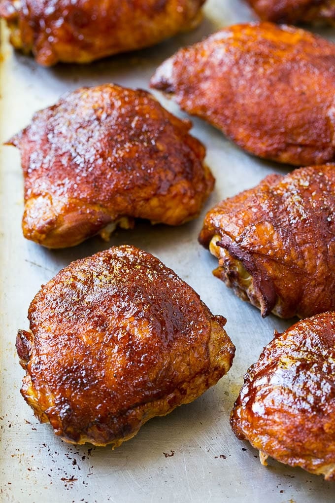 Smoked Chicken Thighs Recipe | Barbecue Chicken Thighs | Easy Chicken Thighs #chicken #barbecue #smoker #dinner #sadud Cooked poultry on a sheet pan.