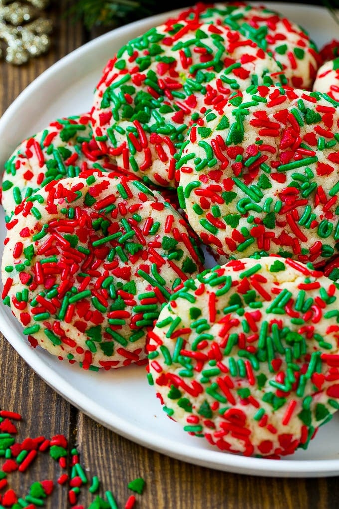 Cake Mix Cookies Recipe | Sprinkle Cookies | Christmas Cookies #cookies #christmas #sprinkles #dessert #baking #sadud Cake mix cookies with sprinkles on a serving plate.