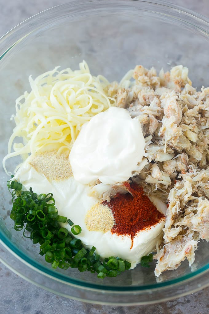 Crab Dip Recipe | Hot Crab Dip | Seafood Dip #dip #crab #seafood #appetizer #sadud #cheese Crab, cream cheese, mayonnaise, green onions and spices in a mixing bowl.