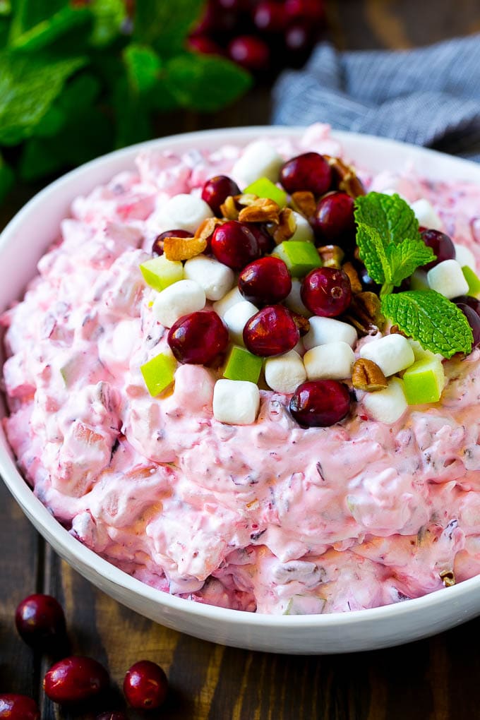 Cranberry Salad Recipe | Fluff Salad #cranberry #salad #fall #dinner #sadud #thanksgiving Cranberry salad garnished with cranberries, marshmallows, pecans and apples.