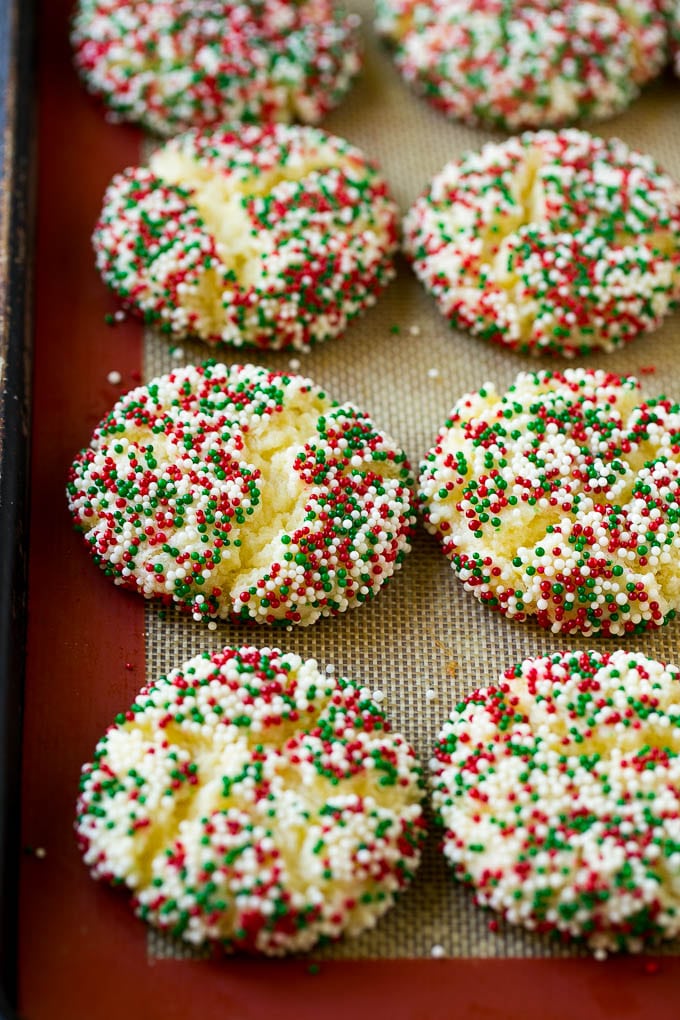 Gooey Butter Cookies Recipe | Cake Mix Cookies | Sprinkle Cookies | Christmas Cookies #cookies #butter #sprinkles #christmas #dessert #baking #sadud Baked gooey butter cookies on a sheet pan.