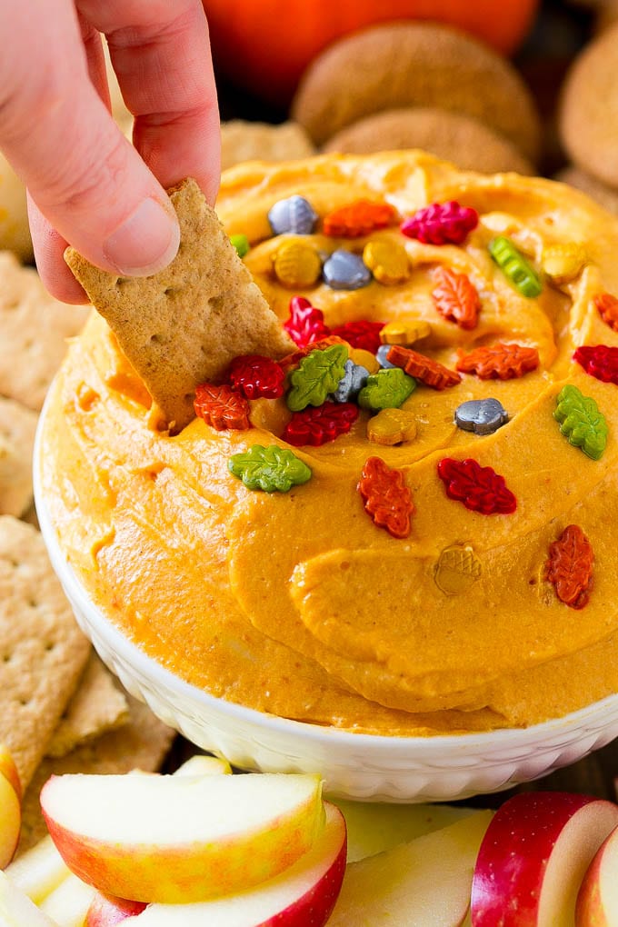 Pumpkin Dip Recipe | Dessert Dip | Pumpkin Pie Dip #pumpkin #dessert #dip #fall #thanksgiving #sadud A bowl of pumpkin dip with a graham cracker scooping some out.