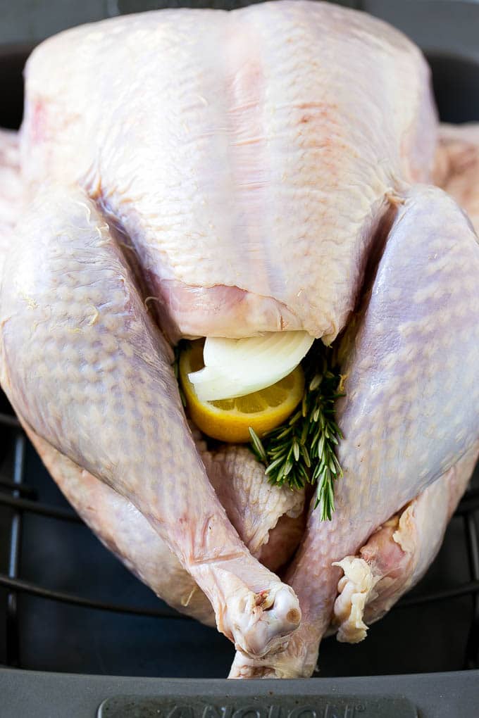 Roast Turkey Recipe | Thanksgiving Turkey | Holiday Turkey | Baked Turkey #turkey #thanksgiving #christmas #dinner #glutenfree #sadud A raw bird with onion, lemon and herbs in the cavity.