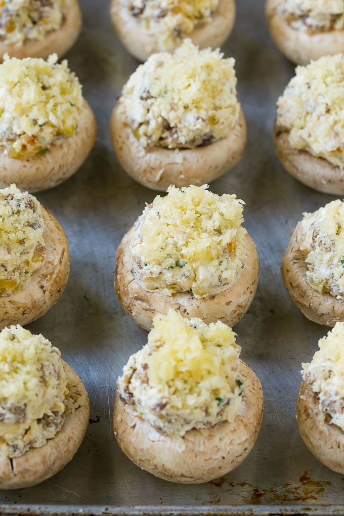 Sausage Stuffed Mushrooms Recipe | Stuffed Mushrooms | Mushroom Appetizer #mushrooms #sausage #appetizer #lowcarb #keto #sadud Raw sausage stuffed mushrooms ready to go into the oven.