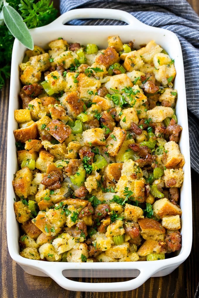 Sausage Stuffing Recipe | Thanksgiving Stuffing | Make Ahead Stuffing #stuffing #thanksgiving #sausage #sidedish #dinner #sadud A baking dish of sausage stuffing made with Italian sausage, bread cubes and vegetables.