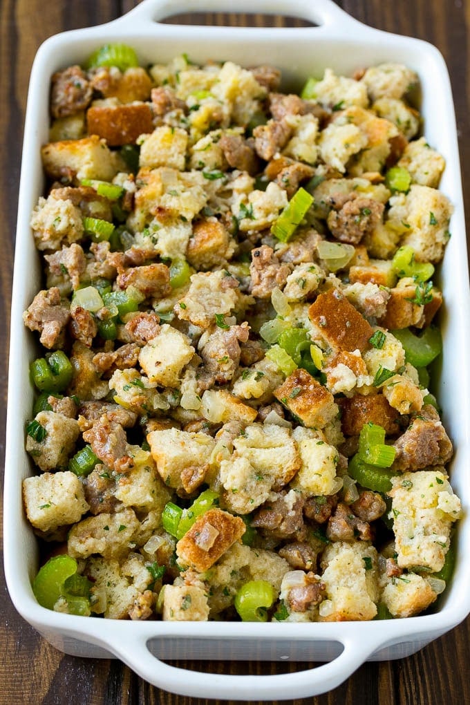 Sausage Stuffing Recipe | Thanksgiving Stuffing | Make Ahead Stuffing #stuffing #thanksgiving #sausage #sidedish #dinner #sadud The ingredients for stuffing assembled in a pan and ready to go into the oven.