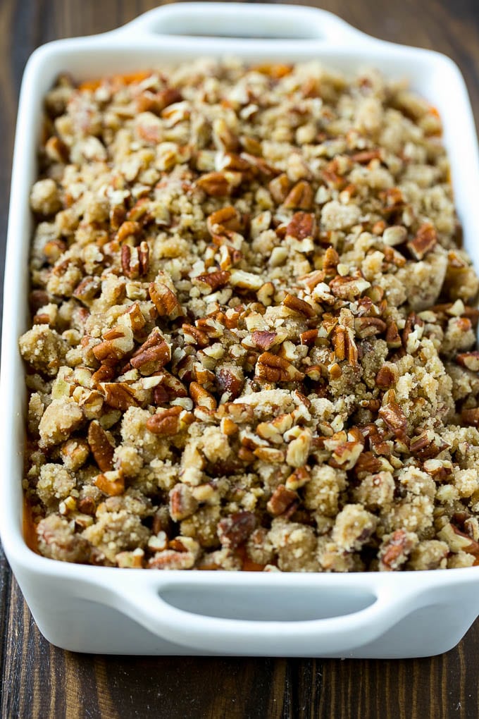 Sweet Potato Casserole with Pecans Recipe | Sweet Potato Casserole | Sweet Potato Side Dish #sweetpotatoes #thanksgiving #pecans #casserole #sidedish #holiday #fall #sadud An uncooked sweet potato casserole with pecan streusel.