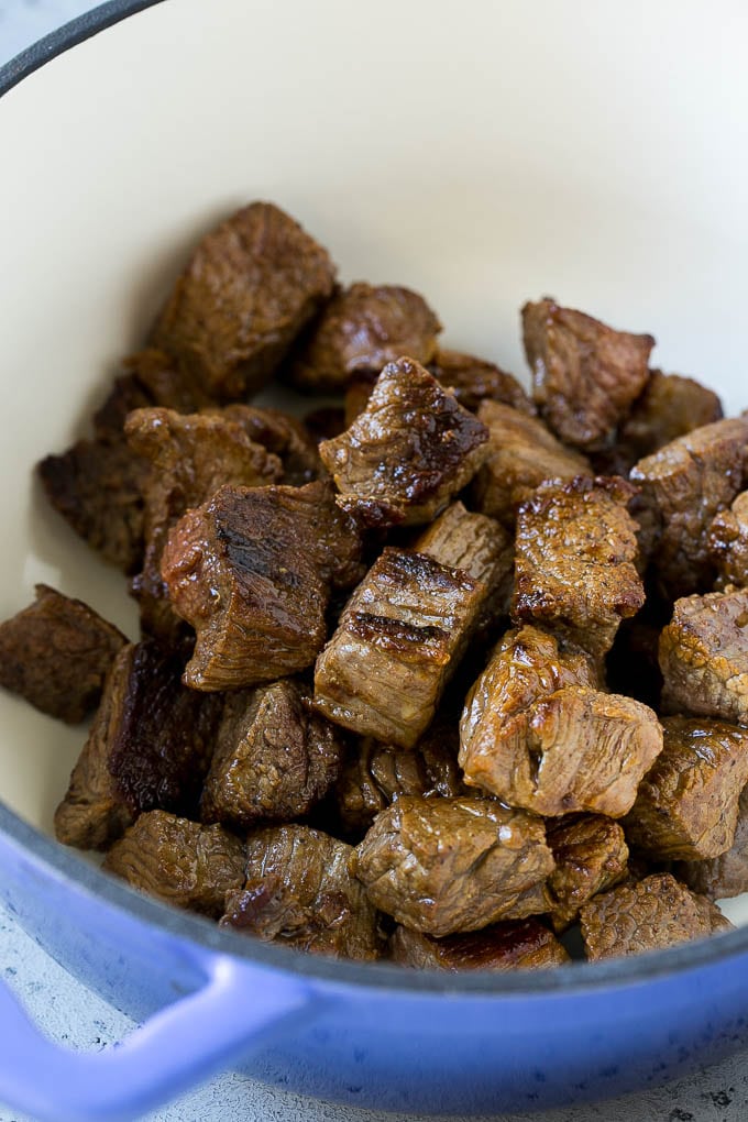 Vegetable Beef Soup Recipe | Beef Vegetable Soup | Beef Soup #beef #veggies #soup #dinner #glutenfree #sadud Browned pieces of beef stew meat in a soup pot.