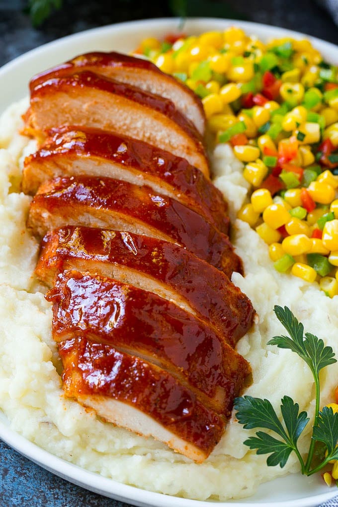 Smoked Chicken Breast Recipe | BBQ Chicken | Smoked Chicken #bbq #chicken #smoker #dinner #glutenfree #sadud Sliced smoked chicken breast over mashed potatoes and corn.