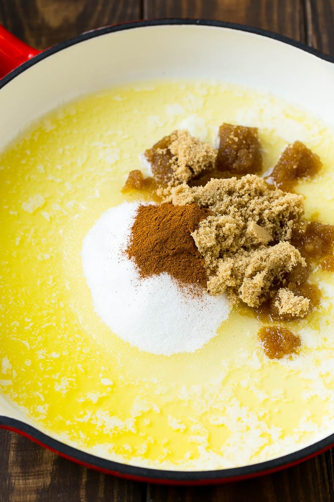 Fried Apples Recipe | Sauteed Apples | Cinnamon Sugar Apples #apples #cinnamon #sugar #sidedish #dessert #sadud #fall Butter, brown sugar, granulated sugar and cinnamon in a pan.