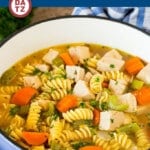 This turkey noodle soup is chunks of turkey, vegetables and pasta, all simmered together in a homemade broth.