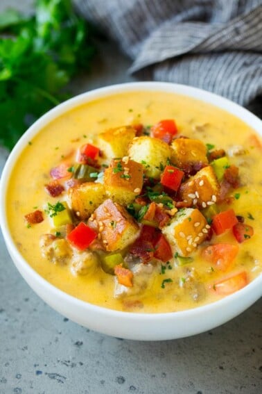 A bowl of cheeseburger soup
