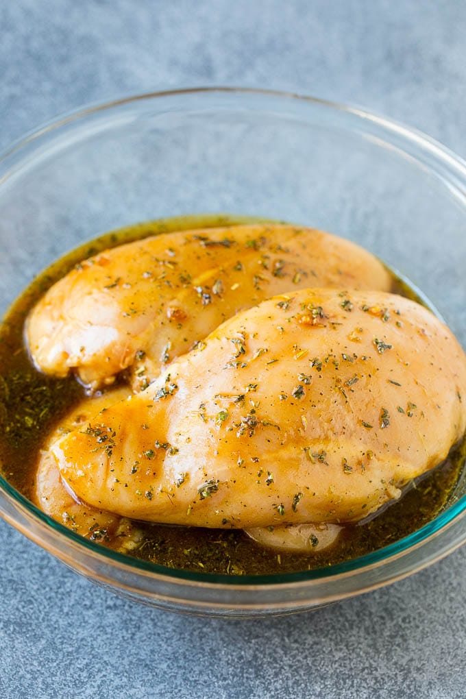 The best chicken marinade produces tender and juicy results every time! Chicken breasts in a savory marinade.