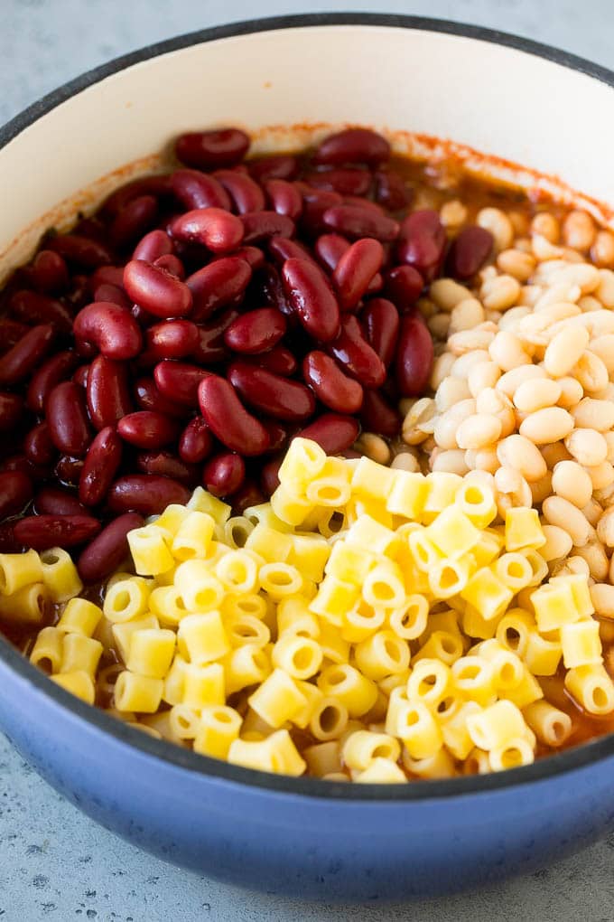 Pasta e fagioli made with kidney beans, white beans and ditalini pasta.