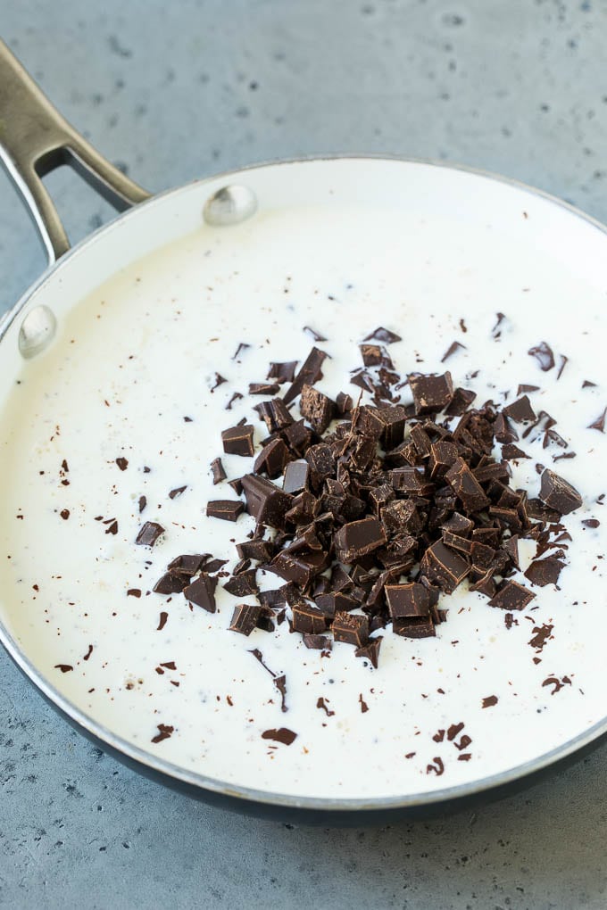 Chocolate Fondue Recipe | Chocolate Sauce | Chocolate Dip #chocolate #dessert #glutenfree #fondue #sadud Chopped semi-sweet chunks and heavy cream in a skillet.
