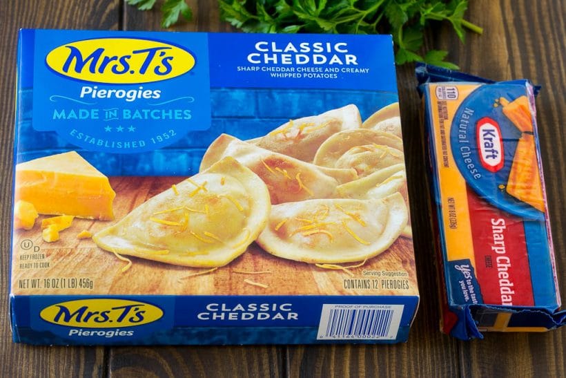 Pierogi Casserole Recipe | Potato Casserole #pierogis #casserole #bacon #cheddar #dinner #sadud A box of pierogies and a block of cheddar cheese.