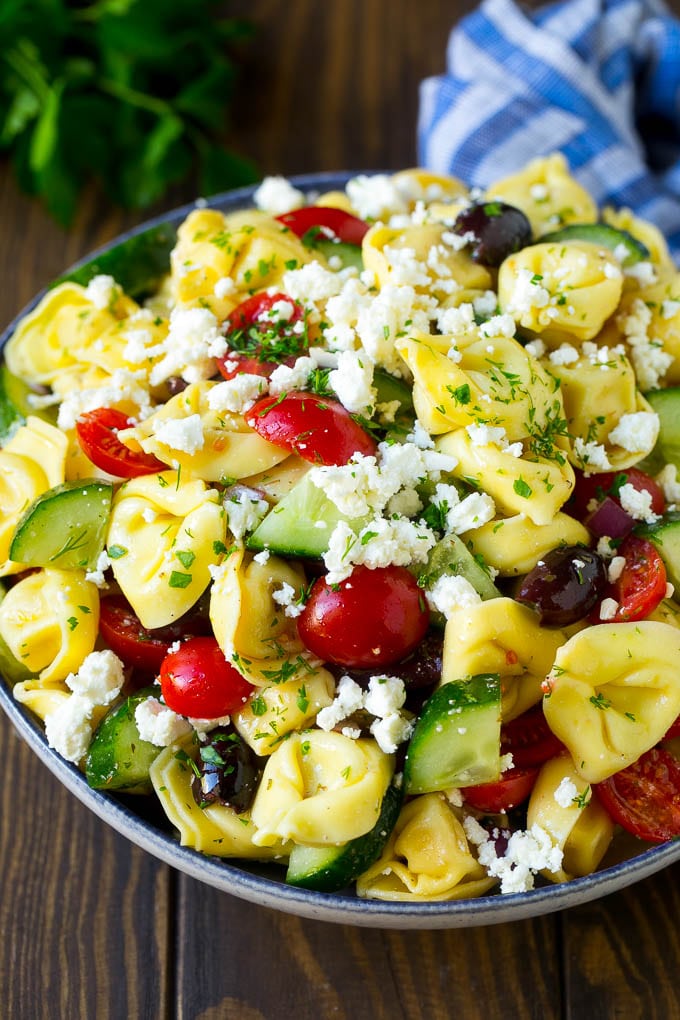 Greek Tortellini Salad Recipe | Pasta Salad | Tortellini Salad | Greek Salad #greek #tortellini #pasta #salad #cucumbers #olives #dinner #sadud Tortellini salad with cucumber, tomato, olives and feta cheese.