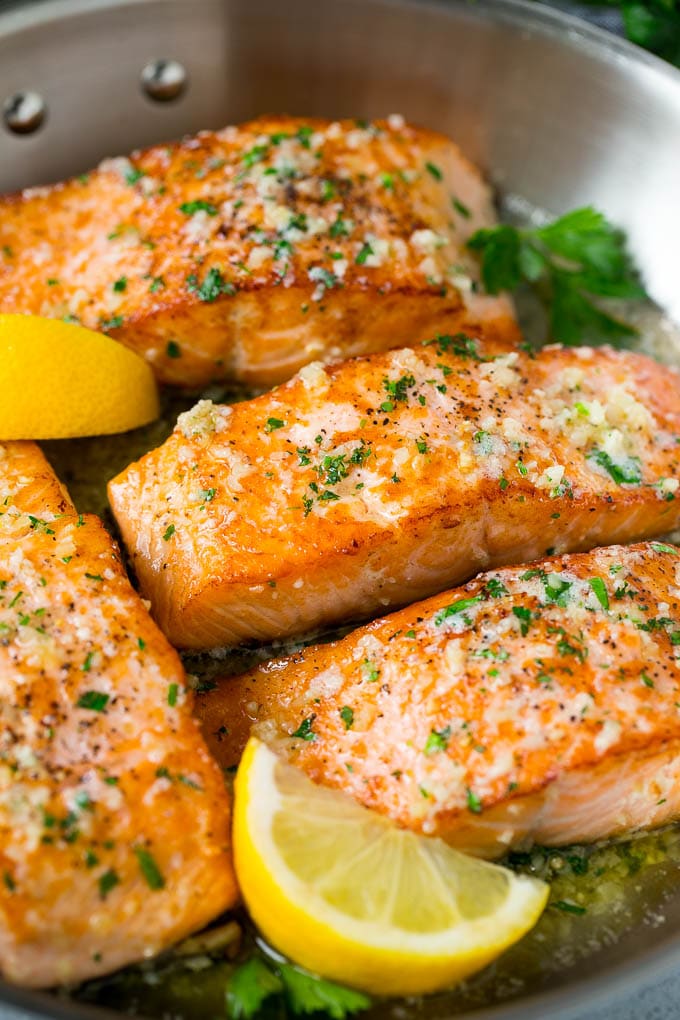Pan Seared Salmon Recipe | Garlic Butter Salmon | Seared Salmon #salmon #garlic #butter #keto #lowcarb #dinner #sadud A pan of seared salmon in a butter sauce.