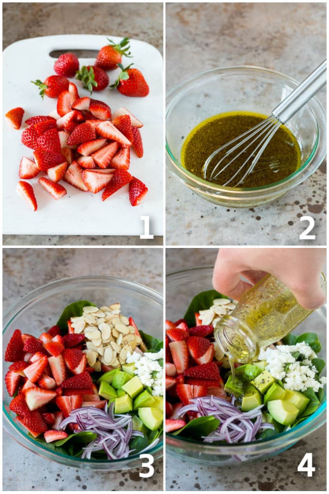 Strawberry Spinach Salad Recipe | Strawberry Salad | Spinach Salad #spinach #salad #strawberries #avocado #sadud A collage showing the steps of how to make spinach salad.