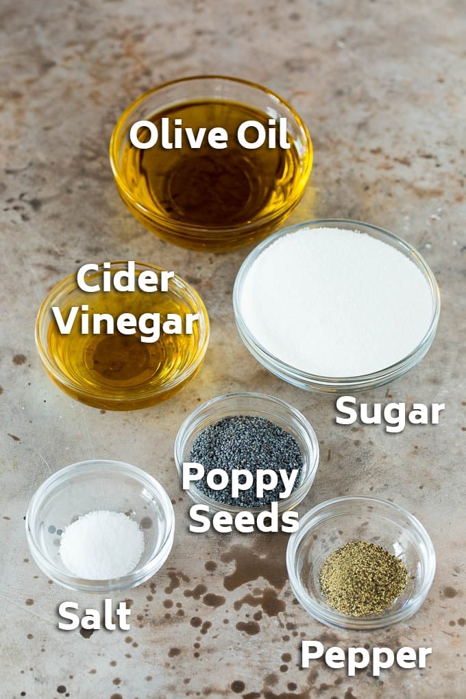 Bowls of ingredients for poppy seed dressing.