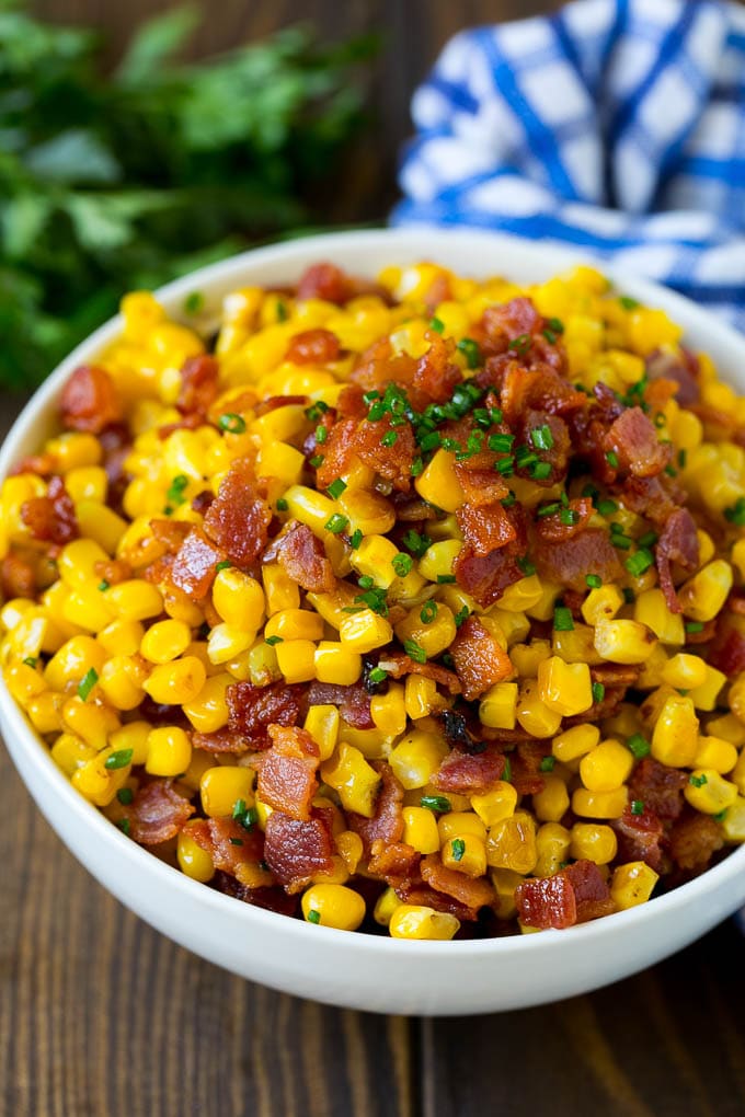 Bacon Fried Corn Recipe | Sauteed Corn | Corn Side Dish #corn #bacon #sidedish #glutenfree #dinner #sadud A serving bowl of Southern fried corn with bacon.