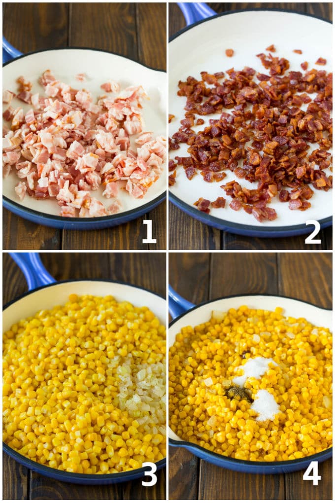 Bacon Fried Corn Recipe | Sauteed Corn | Corn Side Dish #corn #bacon #sidedish #glutenfree #dinner #sadud Step by step process shots of corn and bacon being cooked.