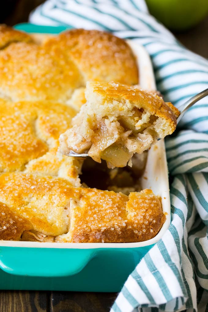 Apple Cobbler Recipe | Apple Dessert #apples #cobbler #dessert #baking #fall #sadud A spoonful of apple cobbler in the serving dish.