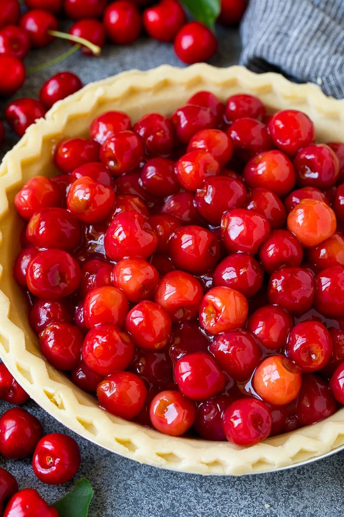 Cherry Pie Filling Recipe #pie #cherries #dessert #sweets #sadud #summer Cherry pie filling inside of an unbaked pie crust.