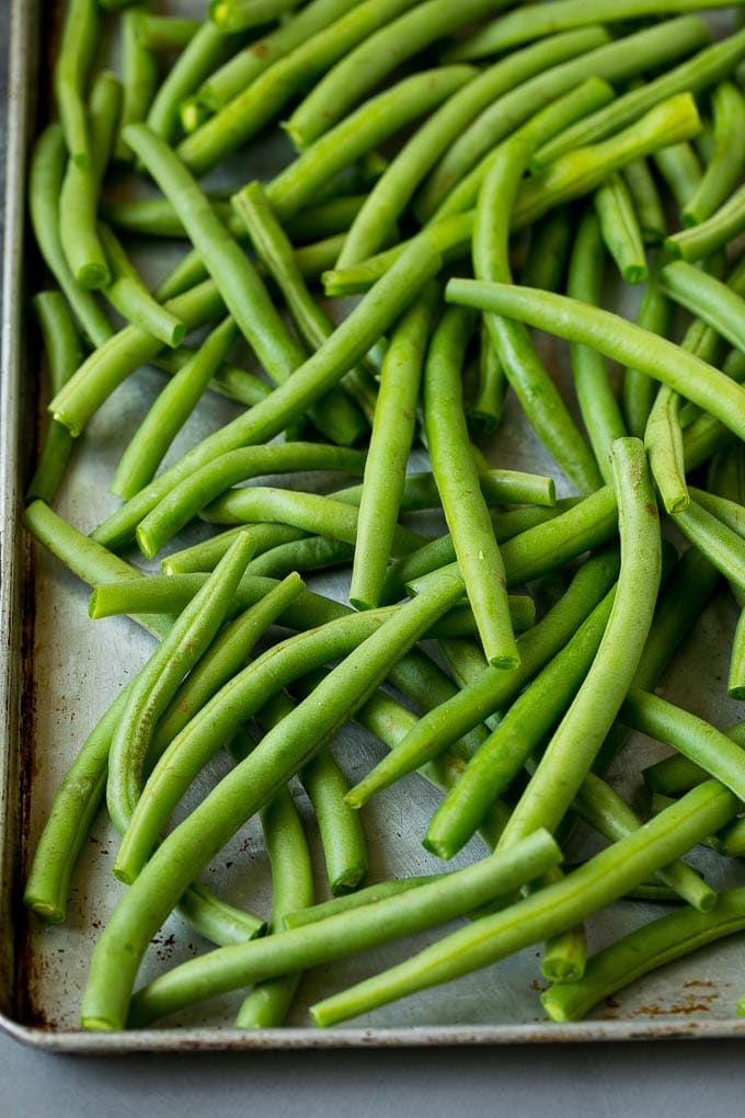 Fried Green Beans Recipe | Green Beans #greenbeans #appetizer #snack #sadud Green beans on a sheet pan.