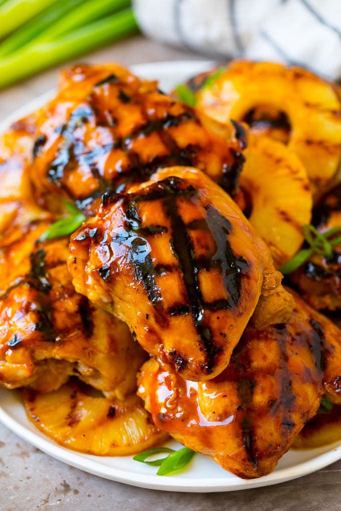 Huli Huli Chicken Recipe | Hawaiian Chicken | Grilled Chicken Thighs #chicken #pineapple #grilling #dinner #sadud A plate of grilled huli huli chicken and pineapple.