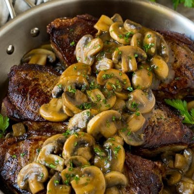 Mushroom steak sauce served over New York strip steaks.