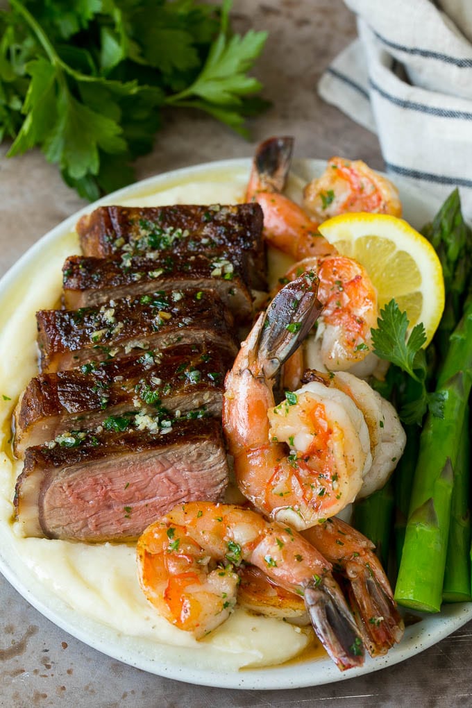 Surf and Turf Recipe | Seared Steak #steak #shrimp #keto #lowcarb #dinner #sadud Surf and turf with steak, shrimp, mashed potatoes and asparagus.
