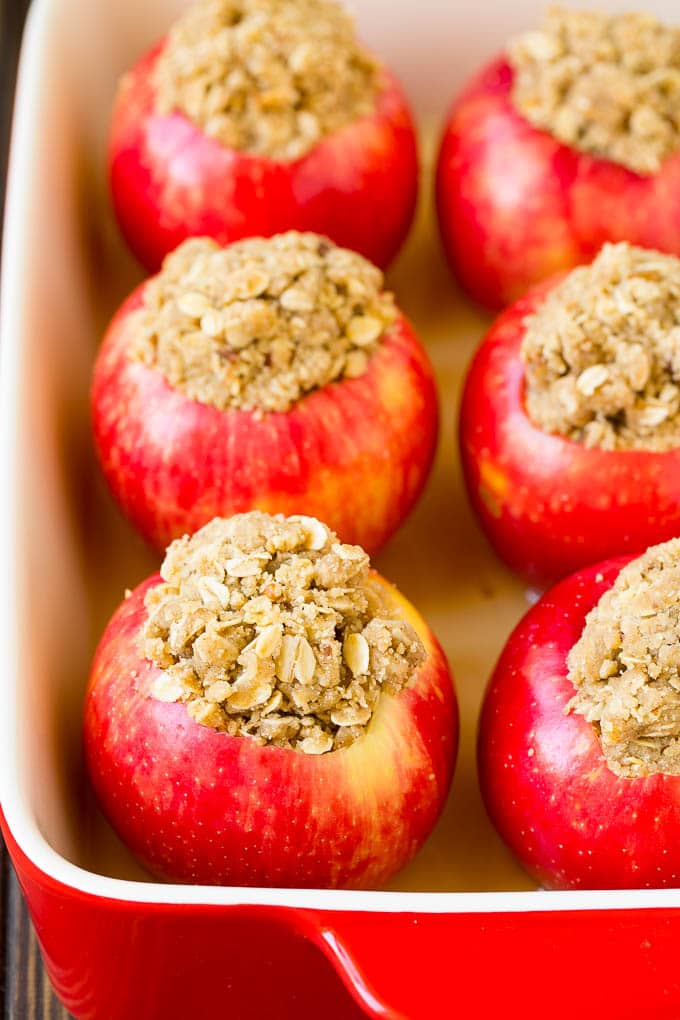Baked Apples | Stuffed Apples #apples #fall #dessert #sweettooth #sadud Oatmeal and brown sugar stuffed into hollowed out fruit.
