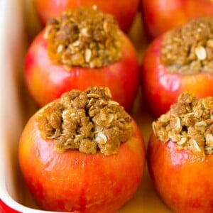 Baked apples filled with oatmeal, brown sugar and walnuts.