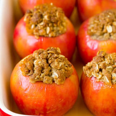 Baked apples filled with oatmeal, brown sugar and walnuts.