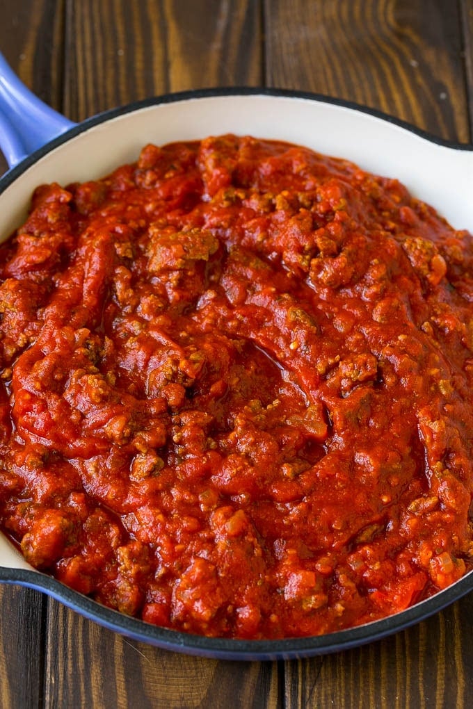 Homemade meat sauce in a pan.