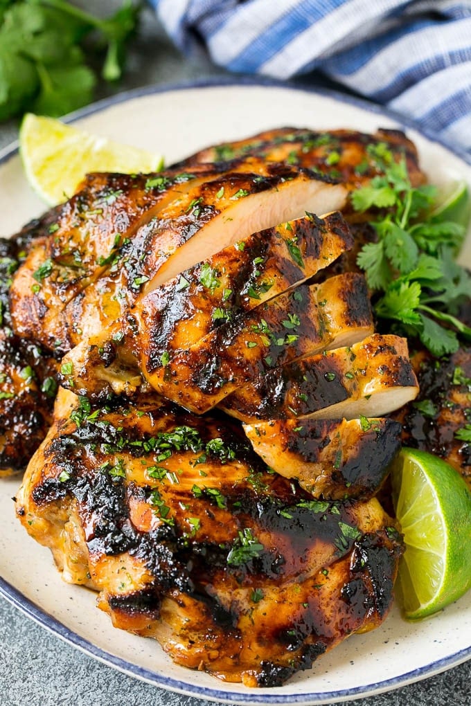 Grilled Chicken Thighs Recipe | Marinated Chicken Thighs #chicken #grilling #marinade #dinner #cilantro #lime #sadud Sliced grilled chicken thighs with cilantro and lime flavoring.