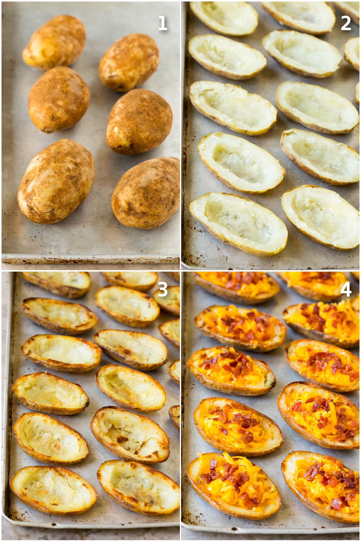 Potato Skins Recipe | Loaded Potatoes #potatoes #appetizer #snack #cheese #bacon #sadud Step by step photos of potatoes being baked and filled with toppings.