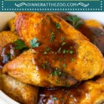 This slow cooker chicken breast is simmered in a flavorful garlic and herb gravy until tender.