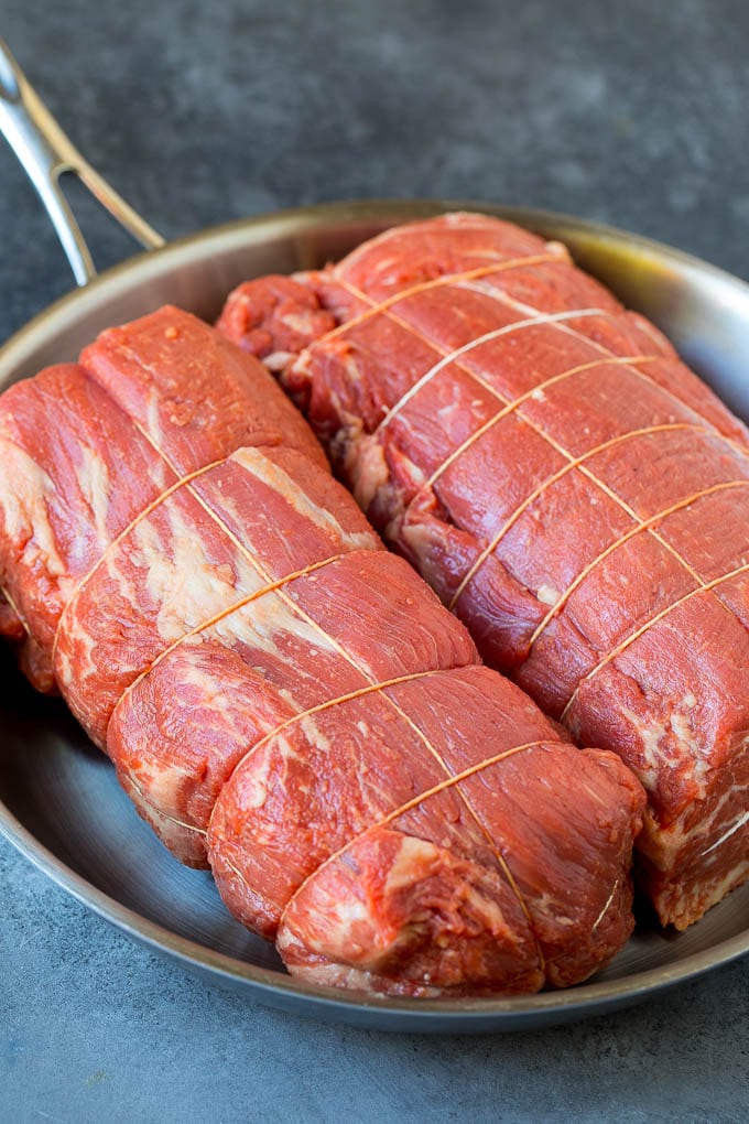 Beef Tenderloin with Garlic Butter #beef #steak #dinner #sadud Beef tenderloin roasts tied with twine.
