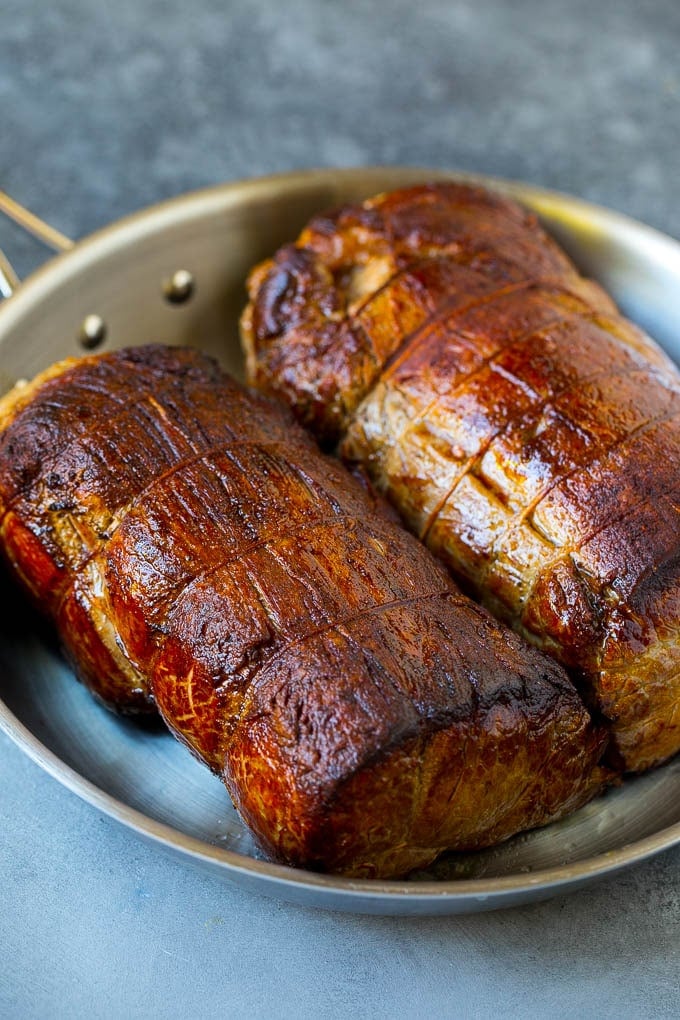 Beef Tenderloin with Garlic Butter #beef #steak #dinner #sadud Seared tenderloin roasts in a pan.