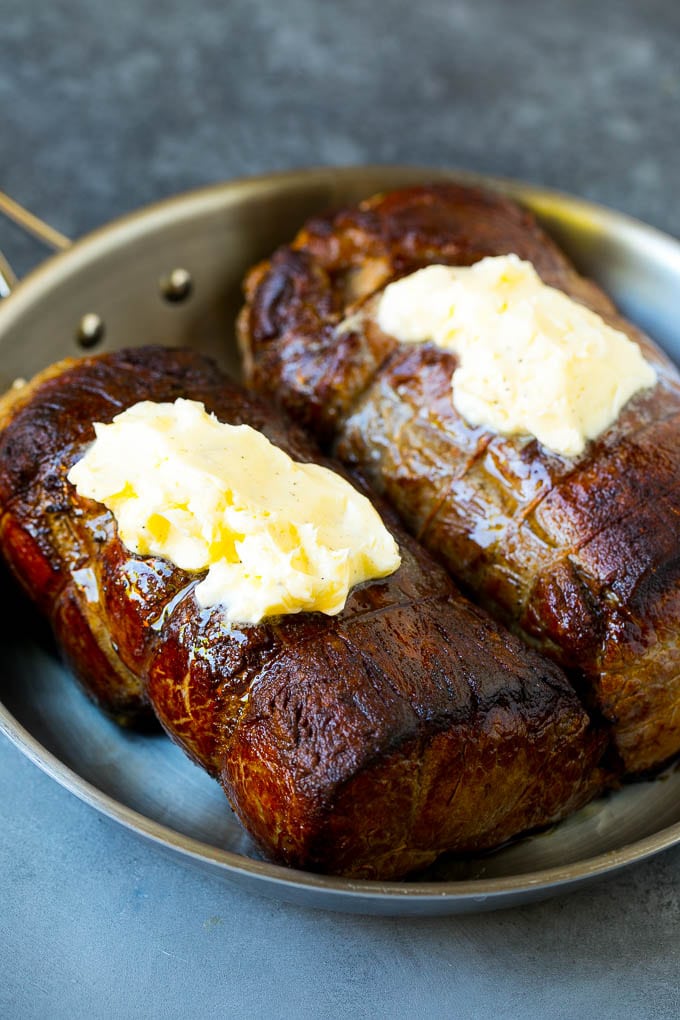 Beef Tenderloin with Garlic Butter #beef #steak #dinner #sadud Beef roasts topped with garlic butter.