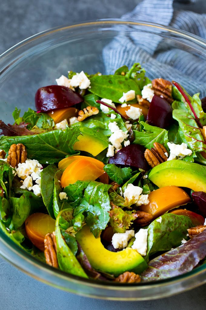 Beet Salad Recipe #beets #avocado #feta #salad #dinner #sadud Beet salad with mixed greens, feta cheese and avocado.