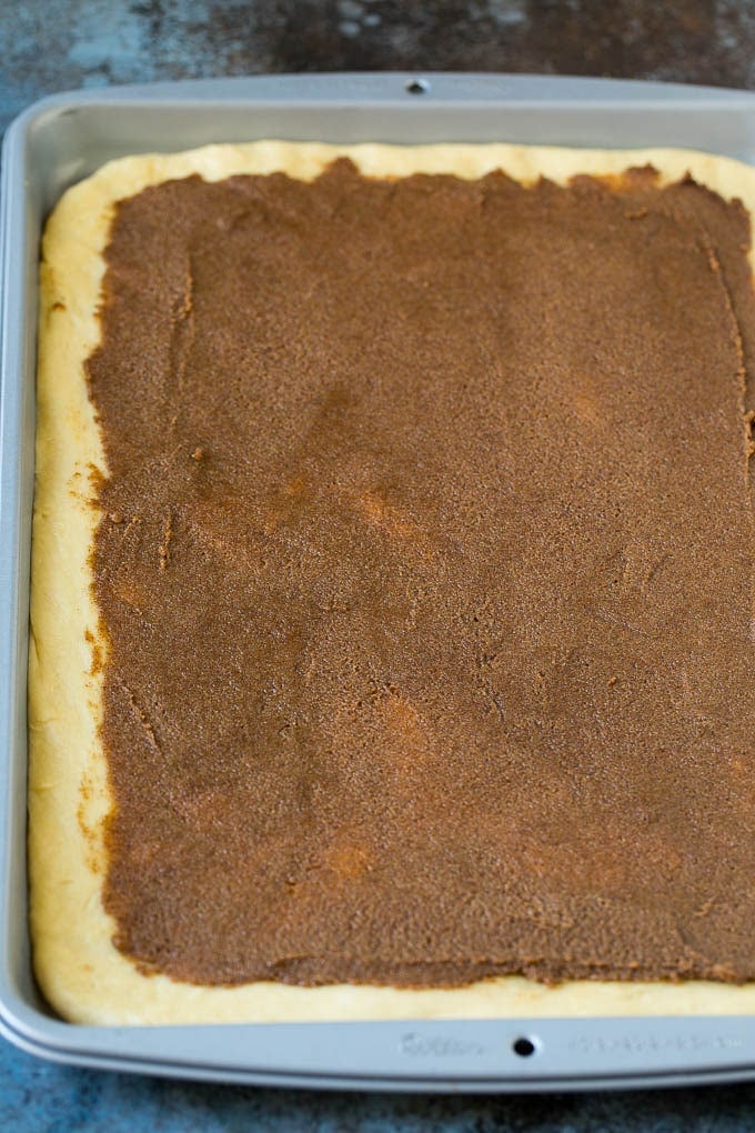 Cinnamon Rolls Recipe | Cinnamon Buns #cinnamon #rolls #pastry #breakfast #brunch #sweets #sadud #baking #bread Brown sugar and butter filling spread onto dough.