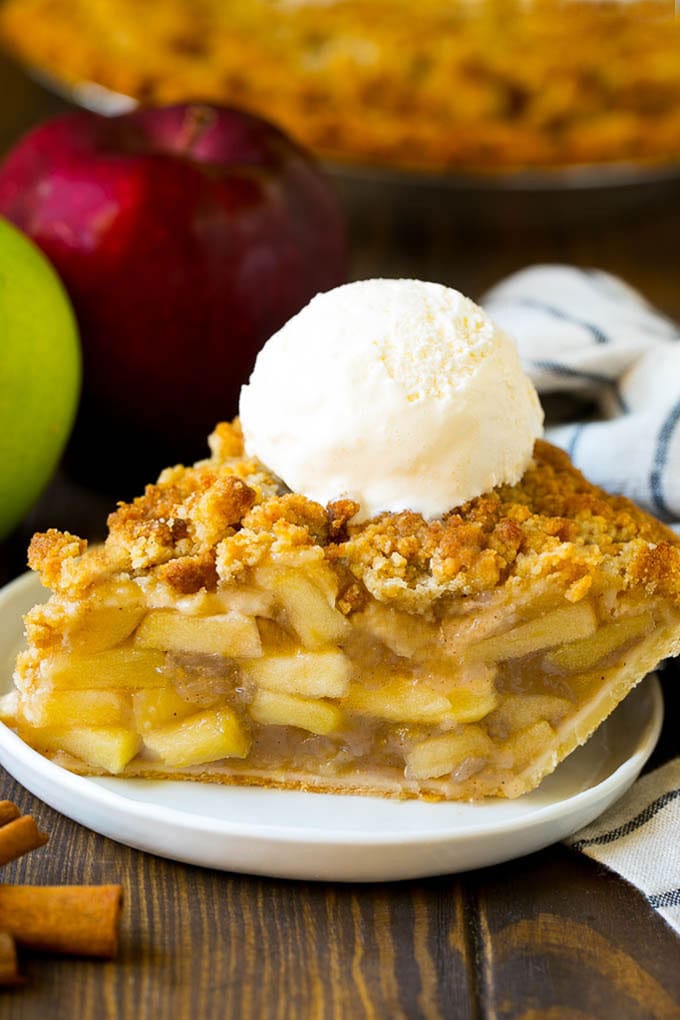 Dutch Apple Pie Recipe | Homemade Apple Pie #pie #apple #dessert #baking #fall #sadud A slice of Dutch apple pie topped with ice cream.