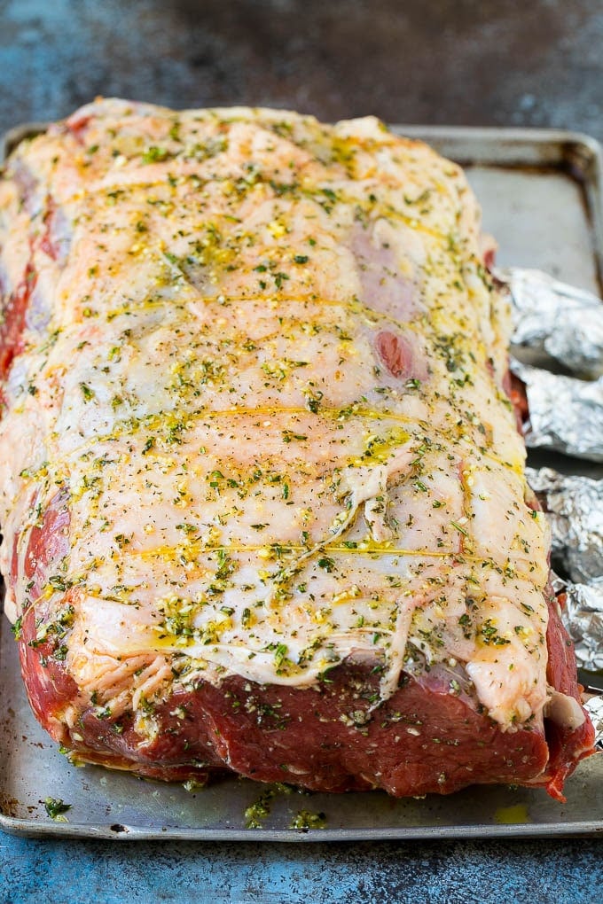 Prime Rib Recipe #primerib #beef #roast #dinner #thanksgiving #christmas #keto #lowcarb #sadud Prime rib coated in garlic, herbs and olive oil.