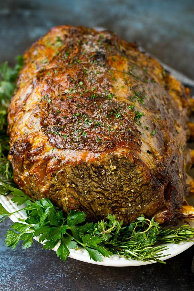 Prime Rib Recipe #primerib #beef #roast #dinner #thanksgiving #christmas #keto #lowcarb #sadud A slow roasted prime rib on a serving platter.